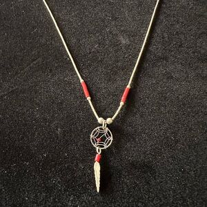 Silver and Red Dreamcatcher Necklace with Feather Charm